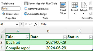 The Excel Tasks table for recurring tasks Excel Tasks table