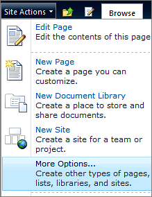 Site Action Options. Setting Actions