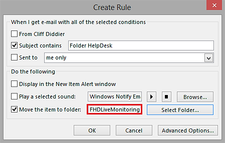 Create Rules dialog after selecting folders