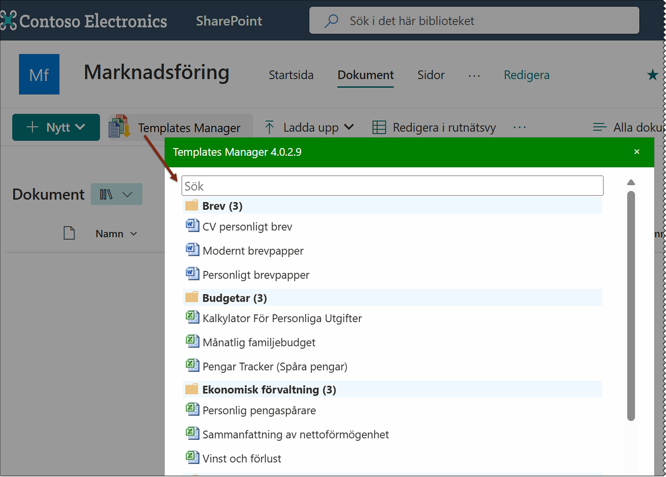 Templates Manager mallväljare