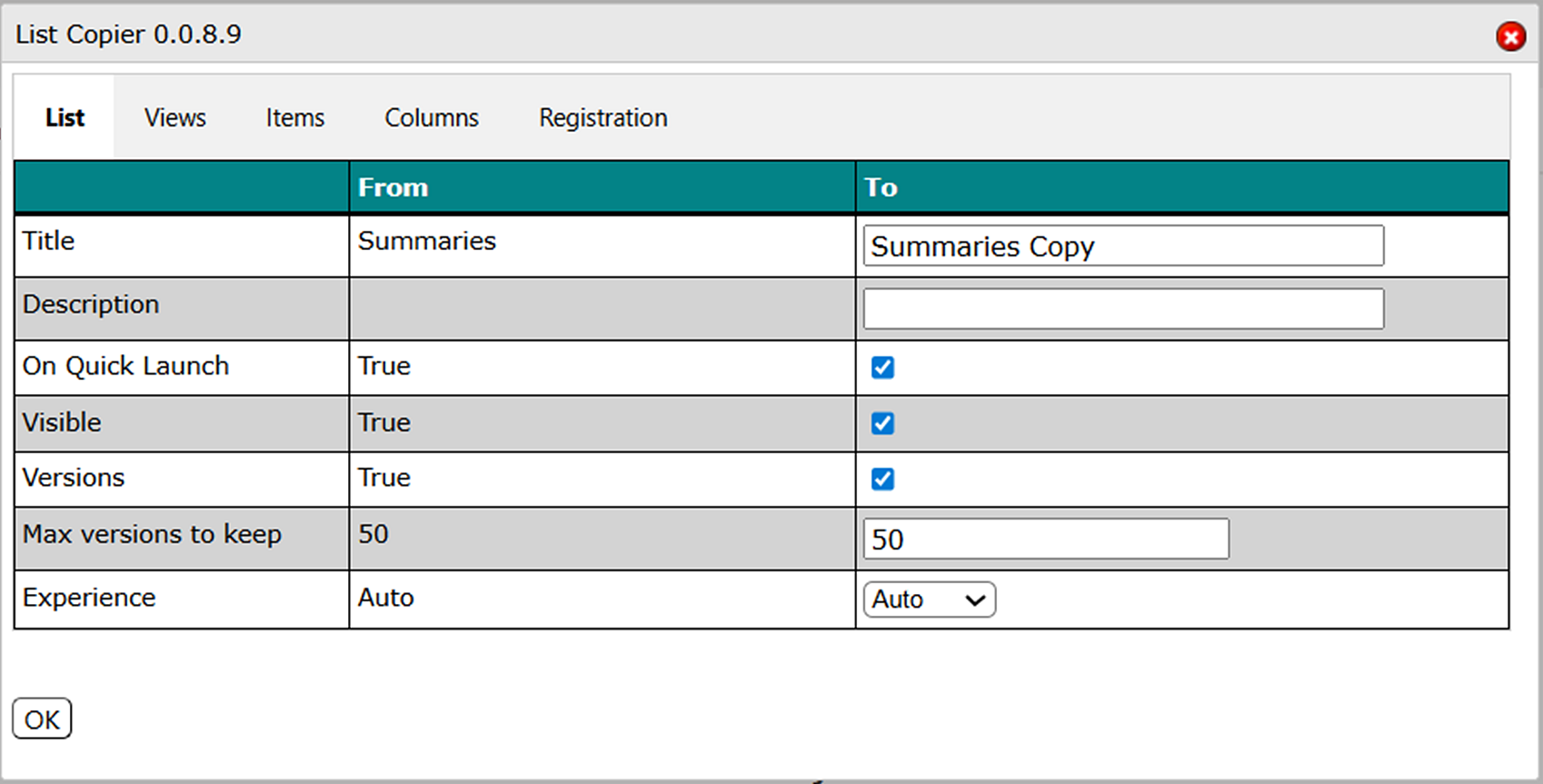 List Copier-dialogen